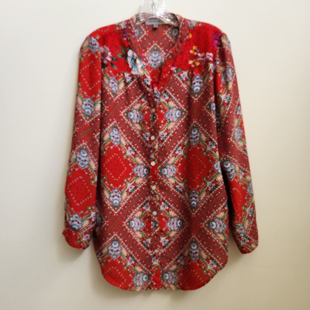 Figueroa & Flower Top Womens M Red Graphic Button Up Roll Tab Cottagecore Boho